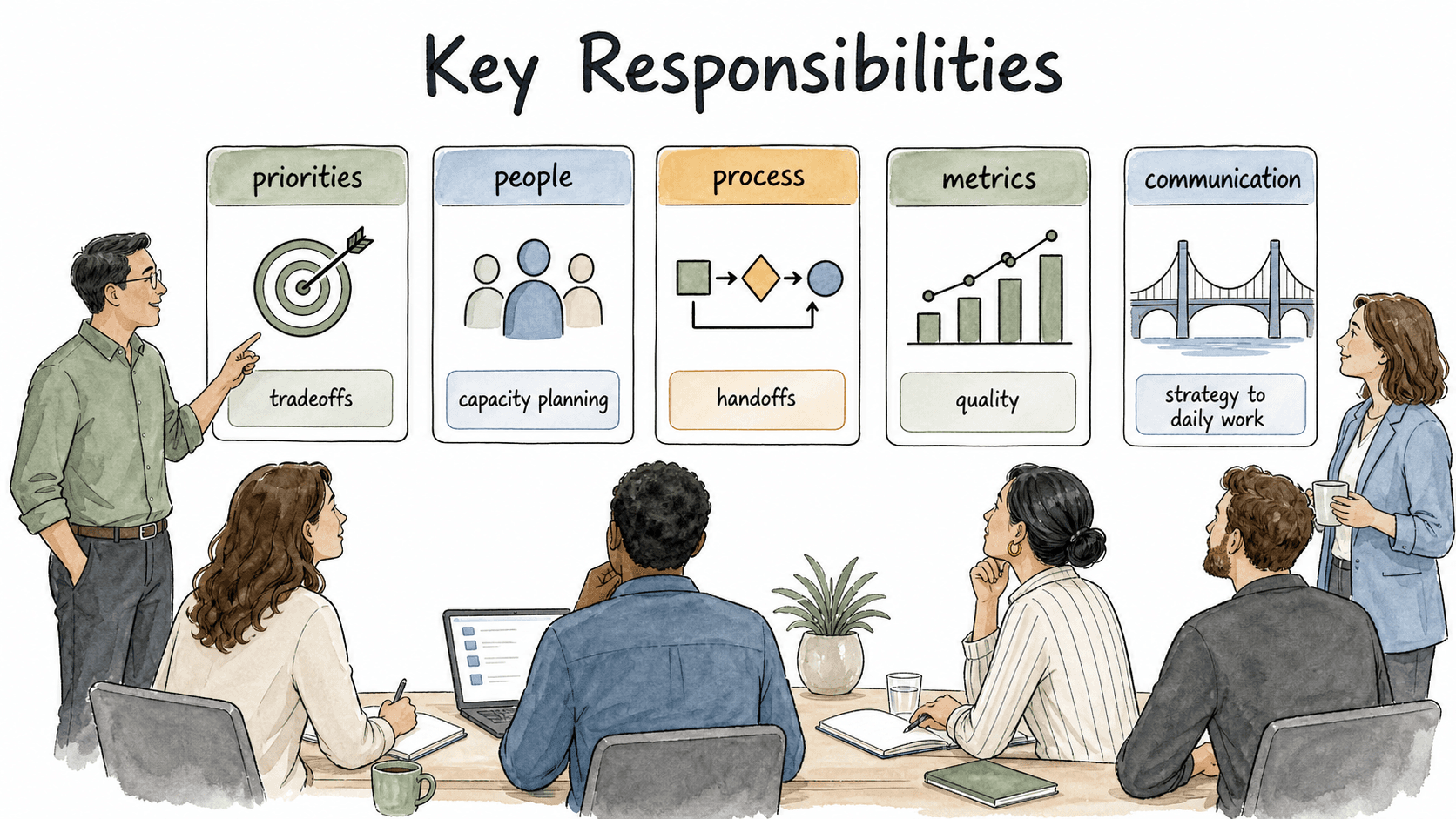 Key responsibilities include priorities, people, process, metrics, and communication between strategy and daily work.