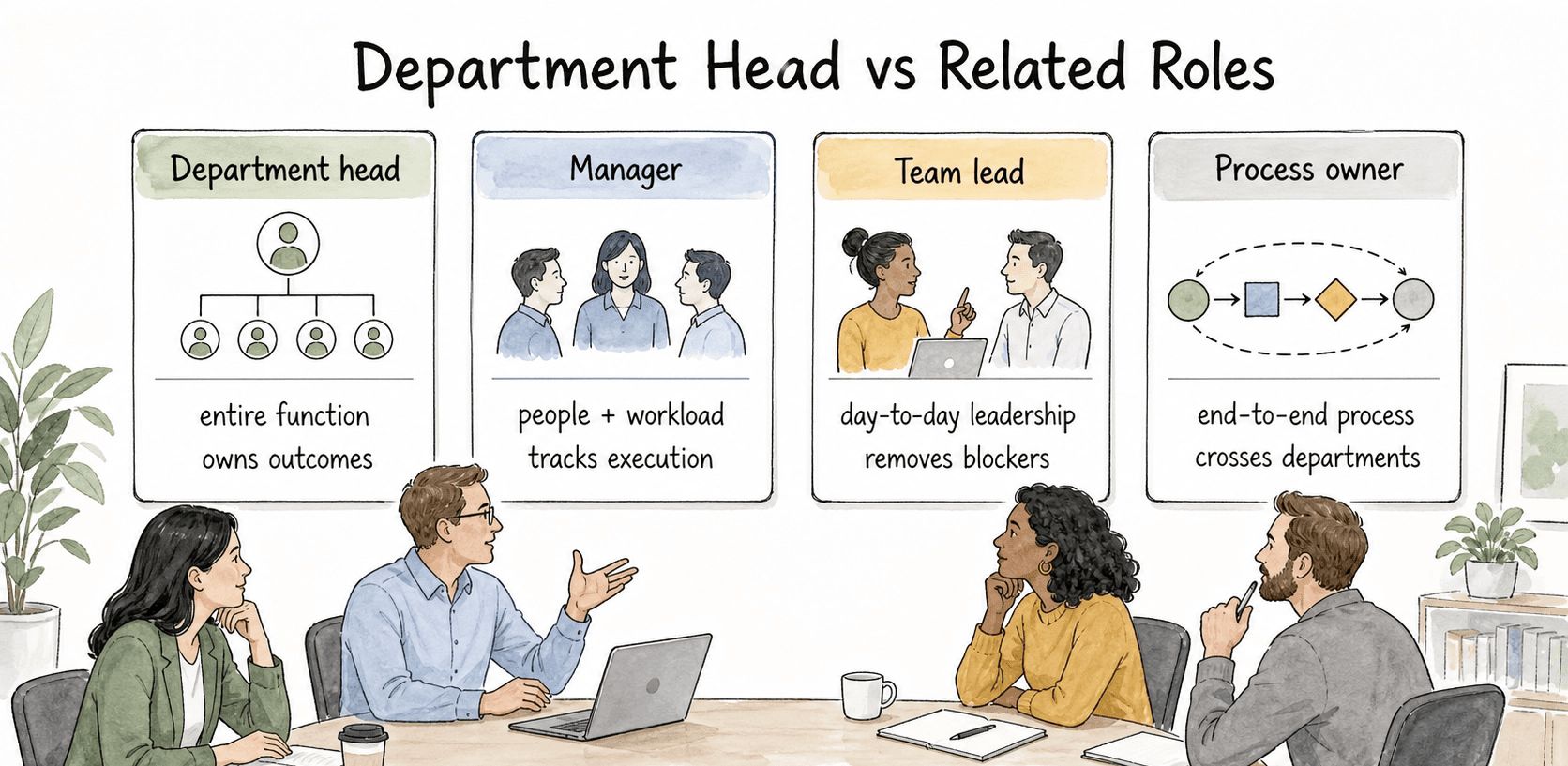 Department heads own the function, while managers, team leads, and process owners operate at different scopes.