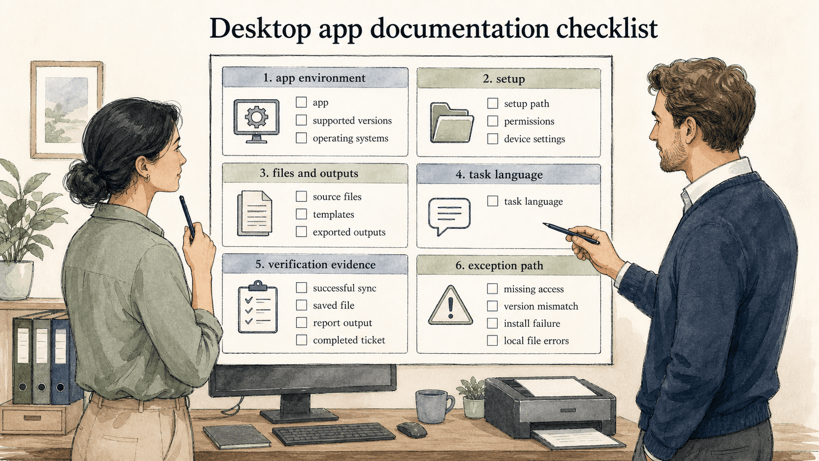 A desktop-app checklist should cover the environment, setup, files, task language, verification evidence, and common exception paths.