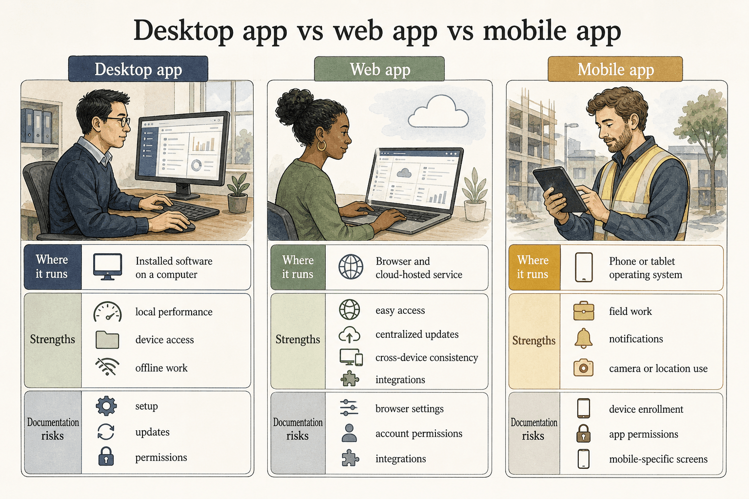 Desktop, web, and mobile apps run in different environments, creating distinct strengths, dependencies, and documentation risks.
