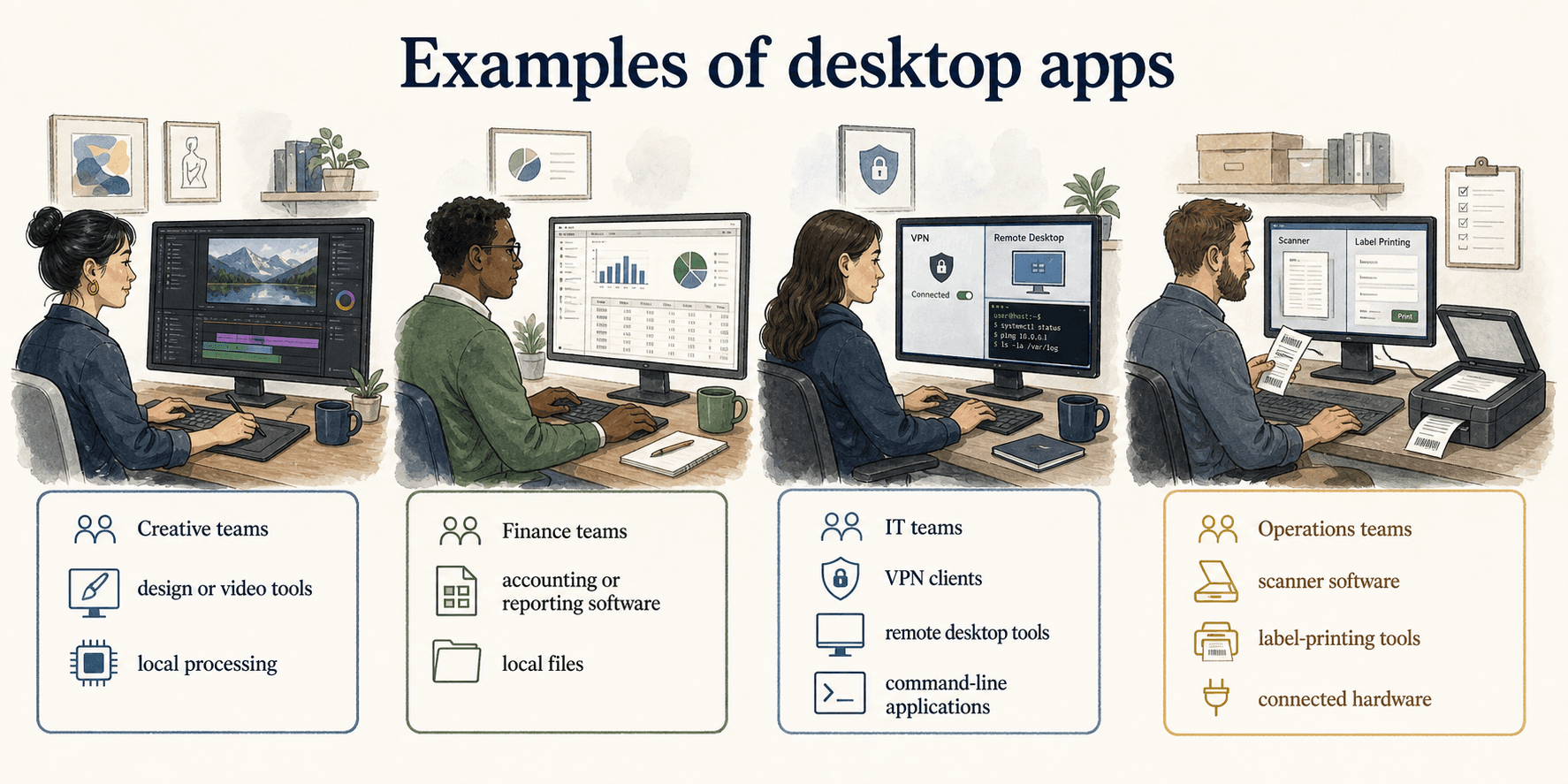 Desktop apps support specialized work across creative, finance, IT, and operations teams where local processing, files, secure utilities, or connected hardware matter.