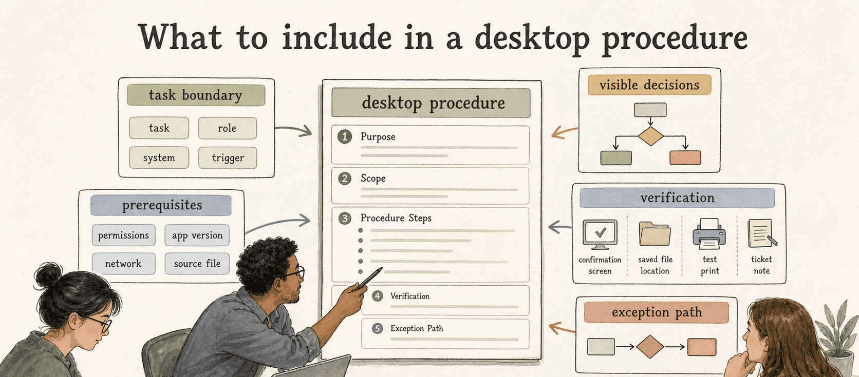 A useful desktop procedure defines the task boundary, prerequisites, visible decisions, verification, and exception path before the reader is halfway through the task.