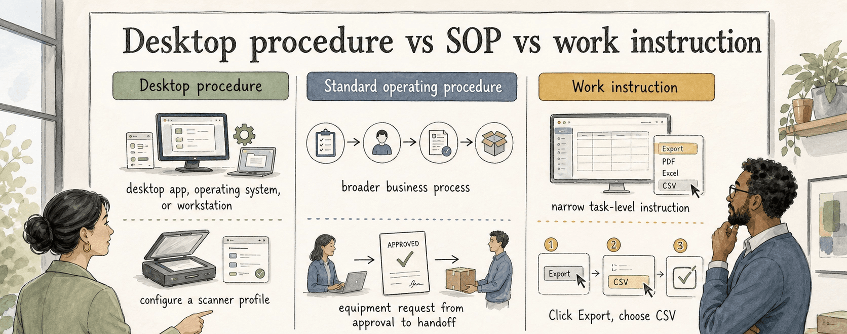The practical difference is scope: desktop procedures cover repeatable desktop tasks, SOPs cover broader processes, and work instructions give narrow task-level direction.