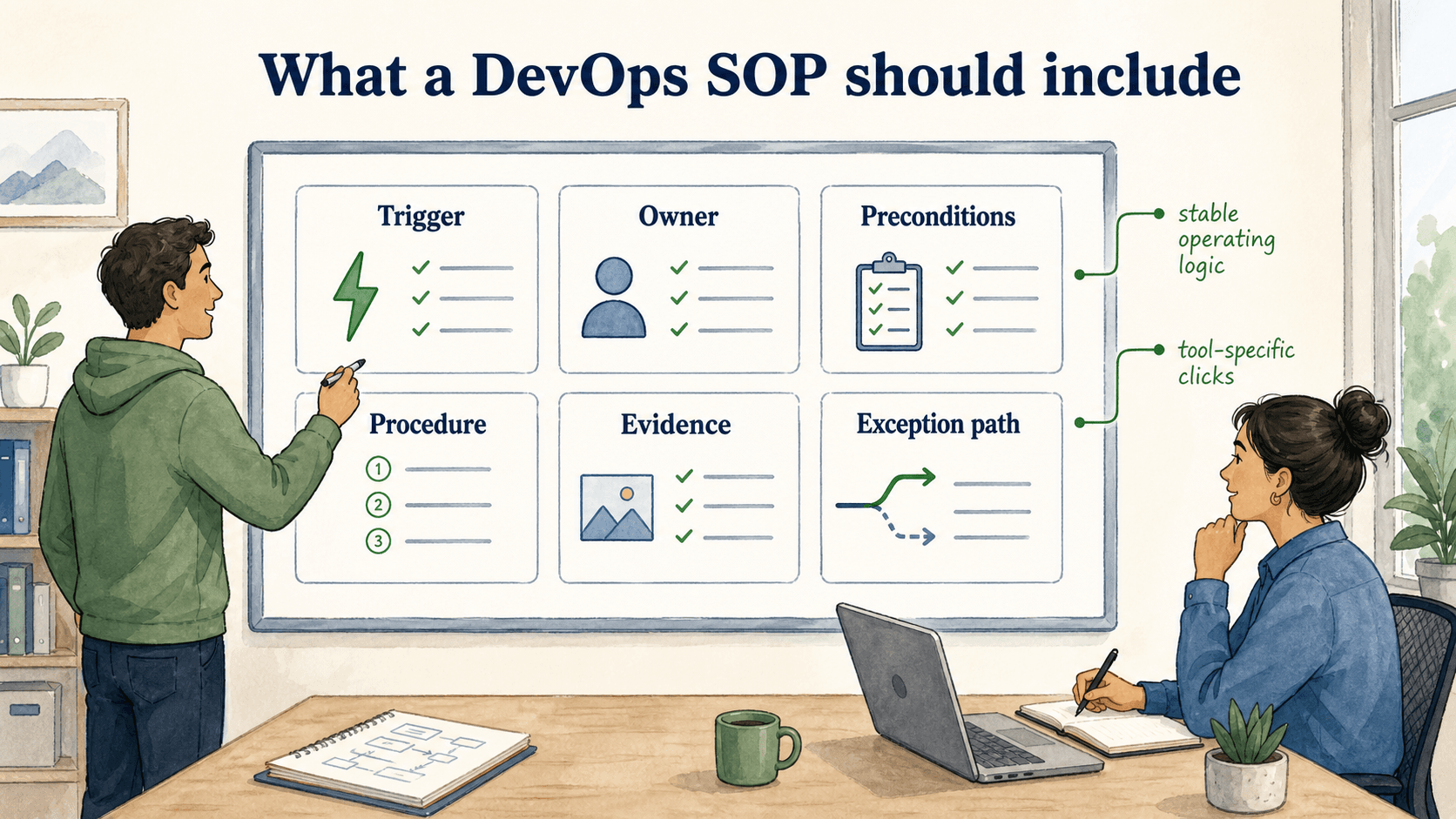 A useful DevOps SOP names the trigger, owner, preconditions, procedure, evidence, and exception path.