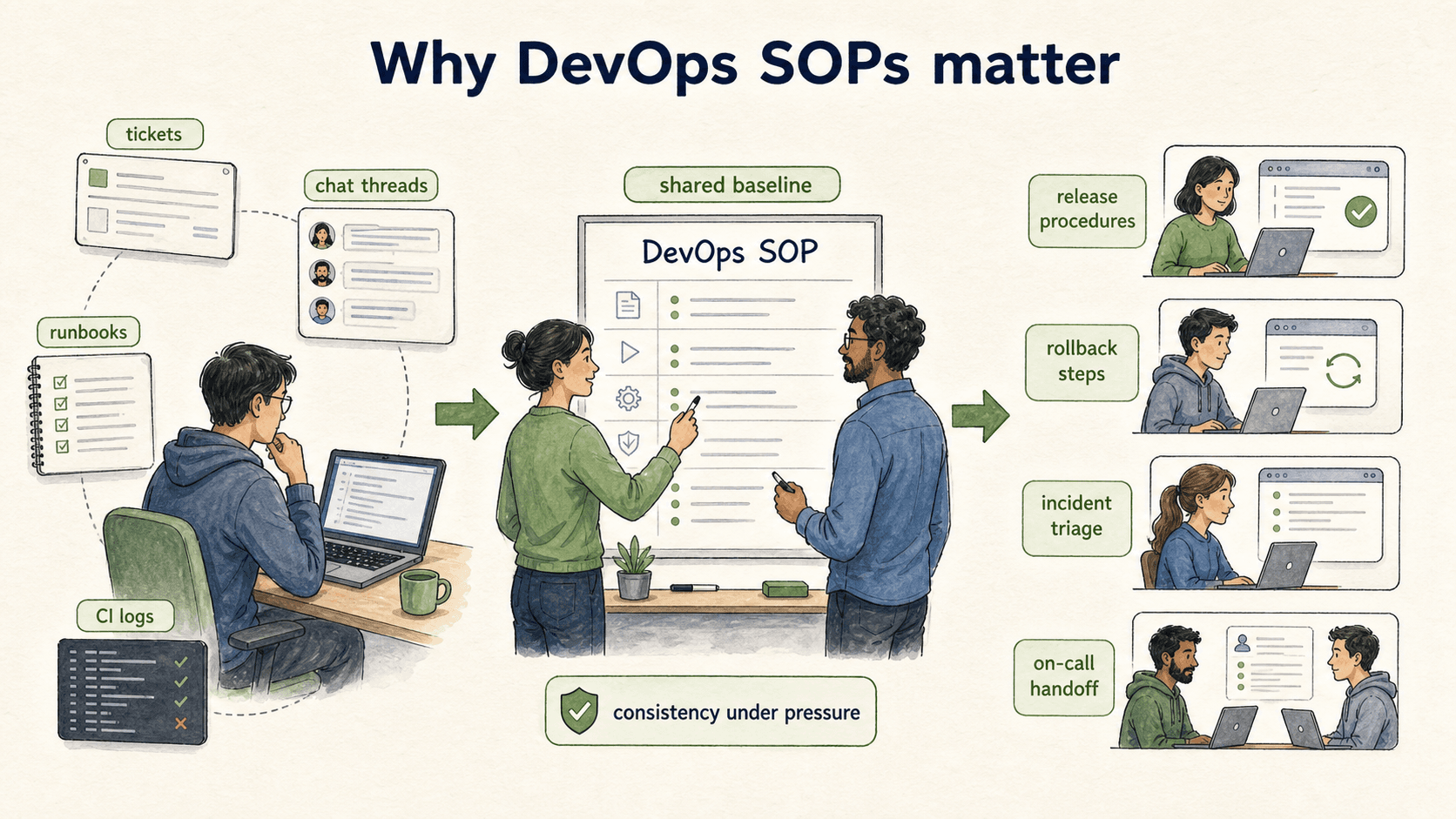 A DevOps SOP turns scattered operational knowledge into a shared baseline for risky work.
