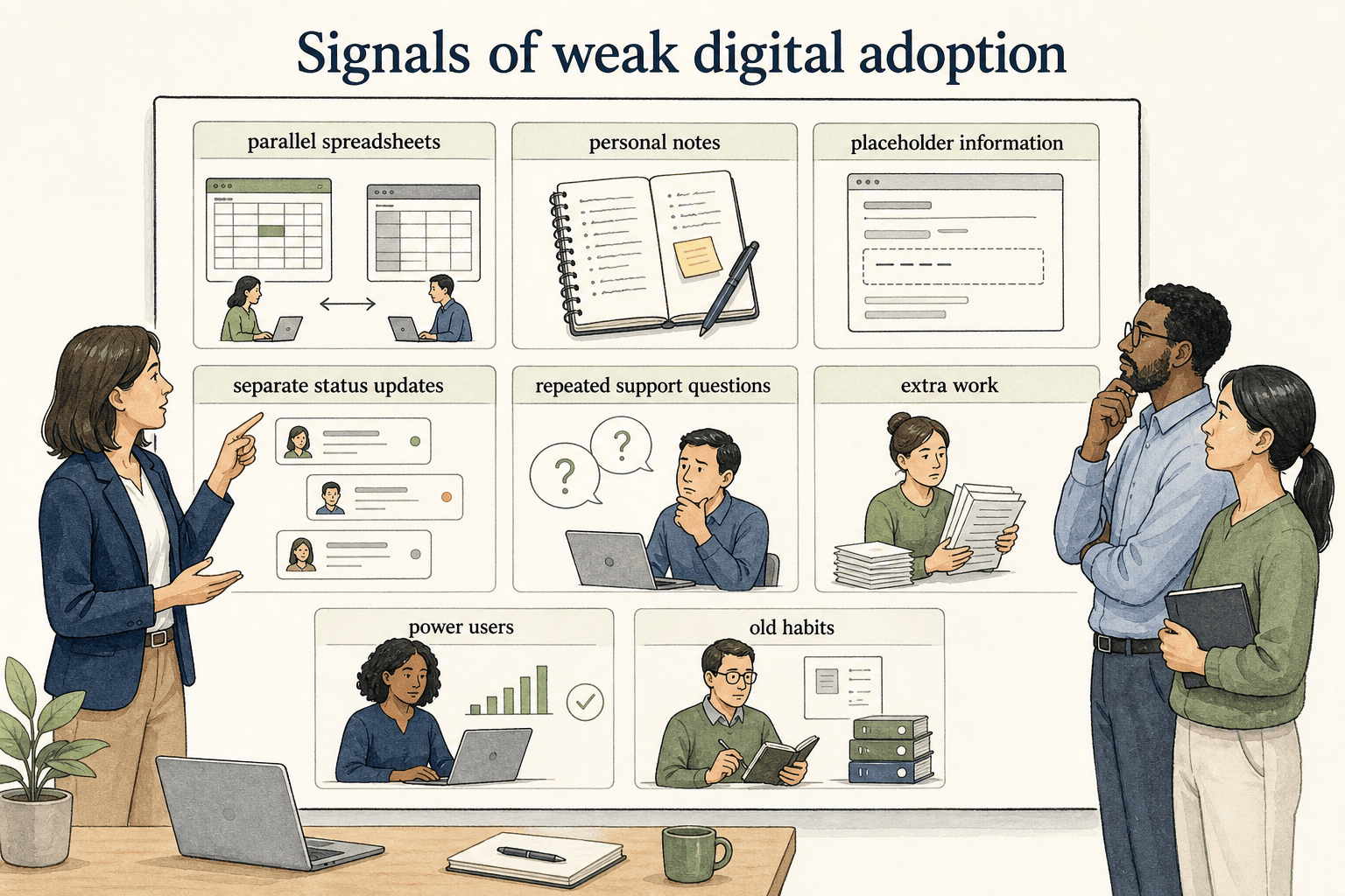 Parallel spreadsheets, placeholder information, repeated questions, separate updates, and old habits reveal that a rollout has not become part of normal work.
