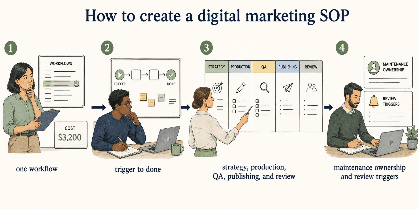 A practical digital marketing SOP structure connects the workflow trigger, owners, inputs, QA checks, exception path, and review cadence.