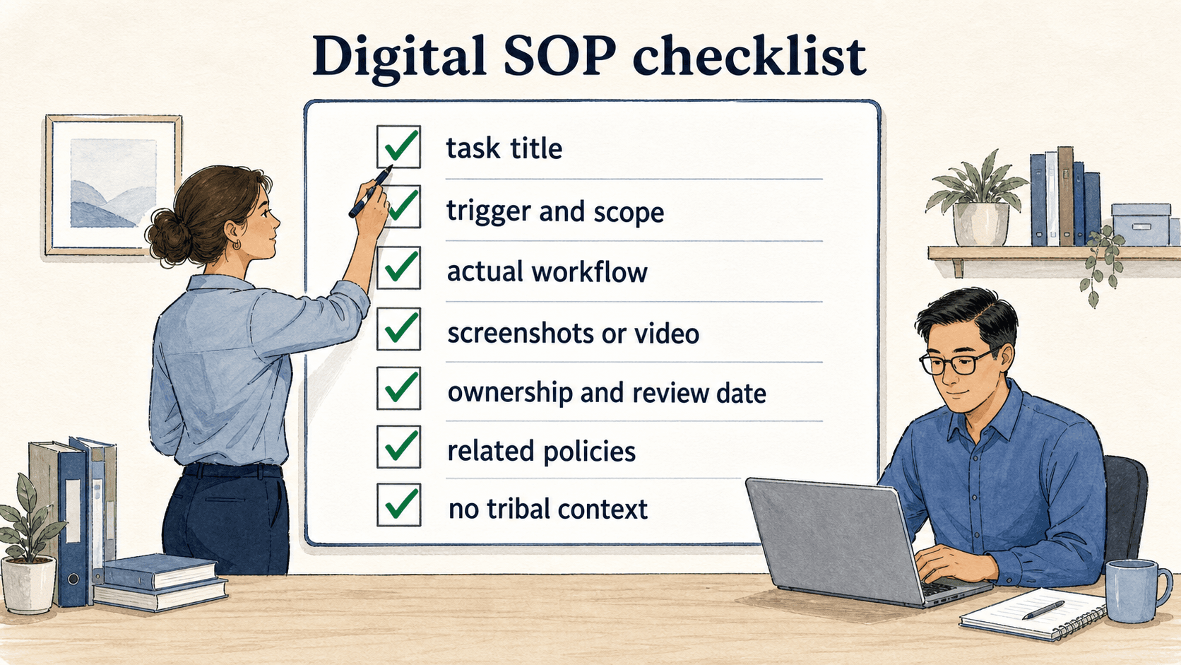 Use this checklist to confirm the SOP is findable, current, actionable, and clear to someone without tribal context.
