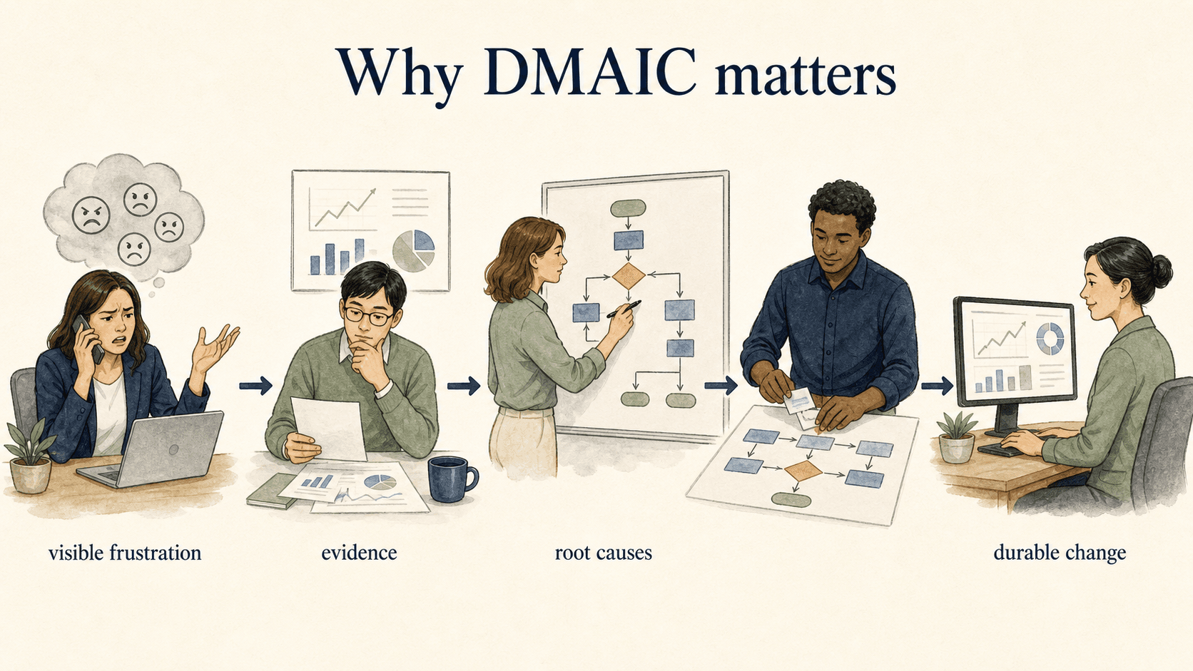 DMAIC moves teams from visible frustration through evidence and root-cause analysis to durable process change.