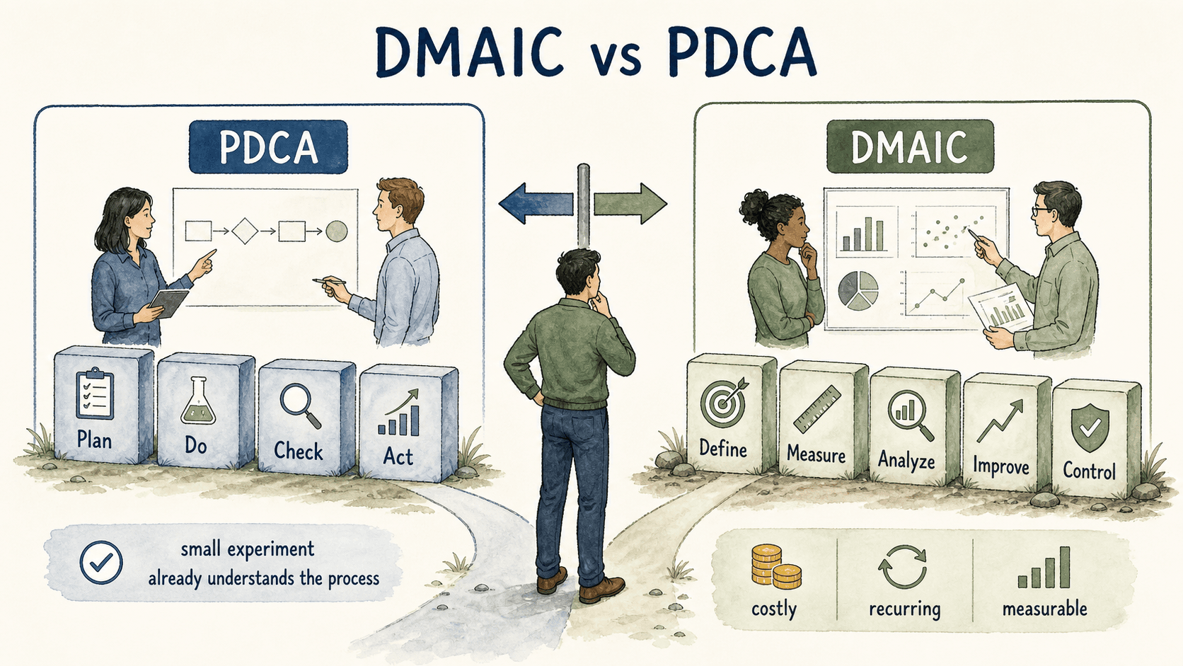 PDCA supports lighter experiments, while DMAIC provides deeper diagnosis for costly, recurring, and measurable problems.