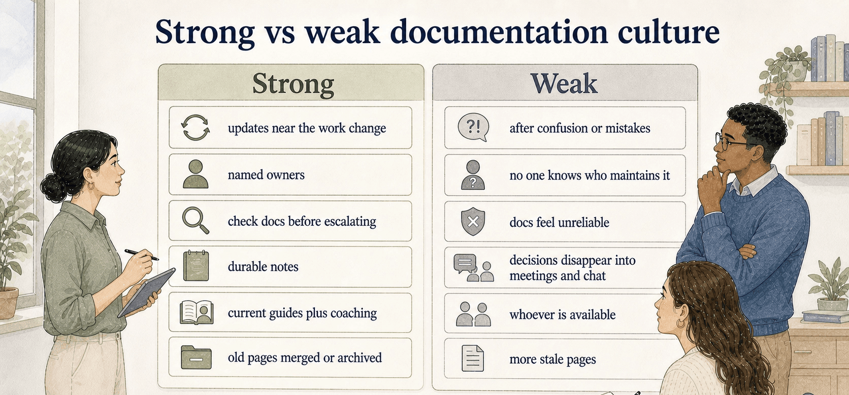 Strong documentation culture is visible in behavior: people update docs near the work change, name owners, search first, preserve decisions, onboard from current guides, and clean up stale pages.