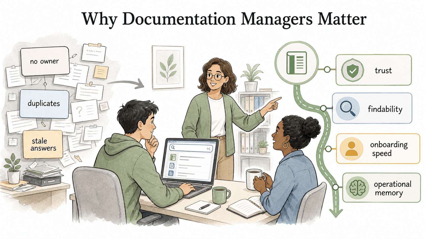 The role matters because trust, findability, onboarding speed, and operational memory suffer when docs have no owner or source of truth.