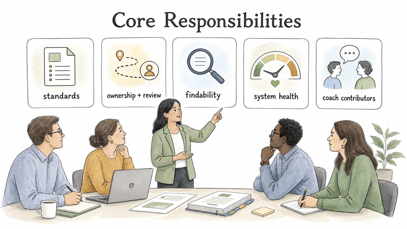 Core documentation manager responsibilities include setting standards, creating ownership paths, improving findability, tracking system health, and coaching contributors.