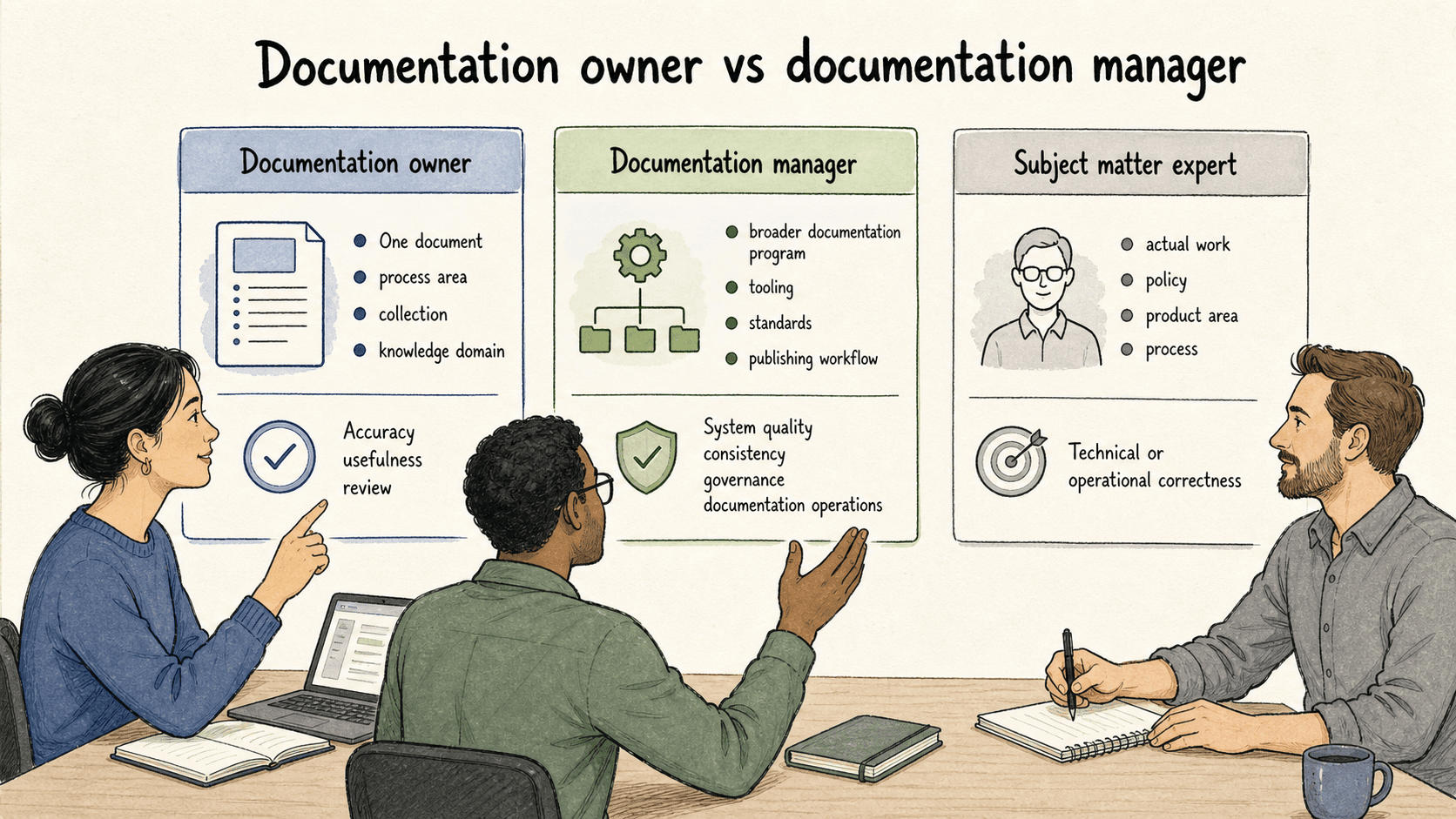 Documentation owners keep assigned content accurate and useful while documentation managers govern the broader system.