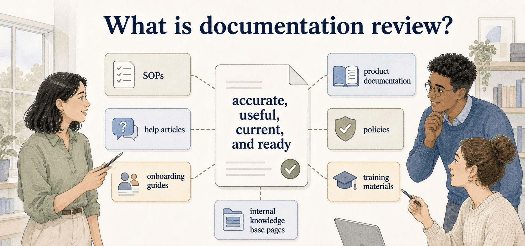 Documentation review checks whether a page is accurate, useful, current, and ready for the people who depend on it to do the right work.