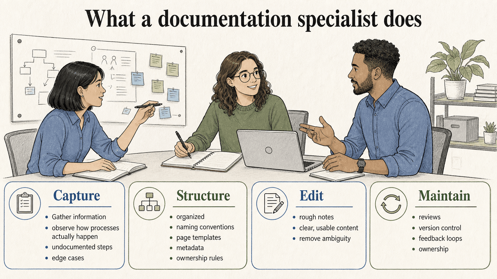 A documentation specialist captures, structures, edits, and maintains practical information so teams can use it reliably.