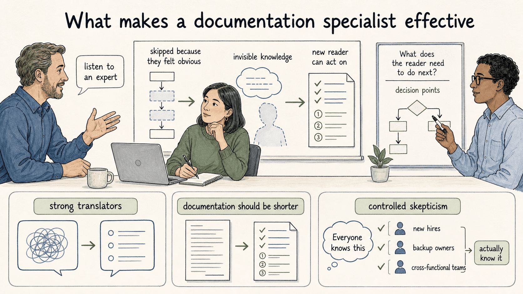 Effective documentation specialists translate expert knowledge, shorten pages around decision points, and test whether people actually know the process.
