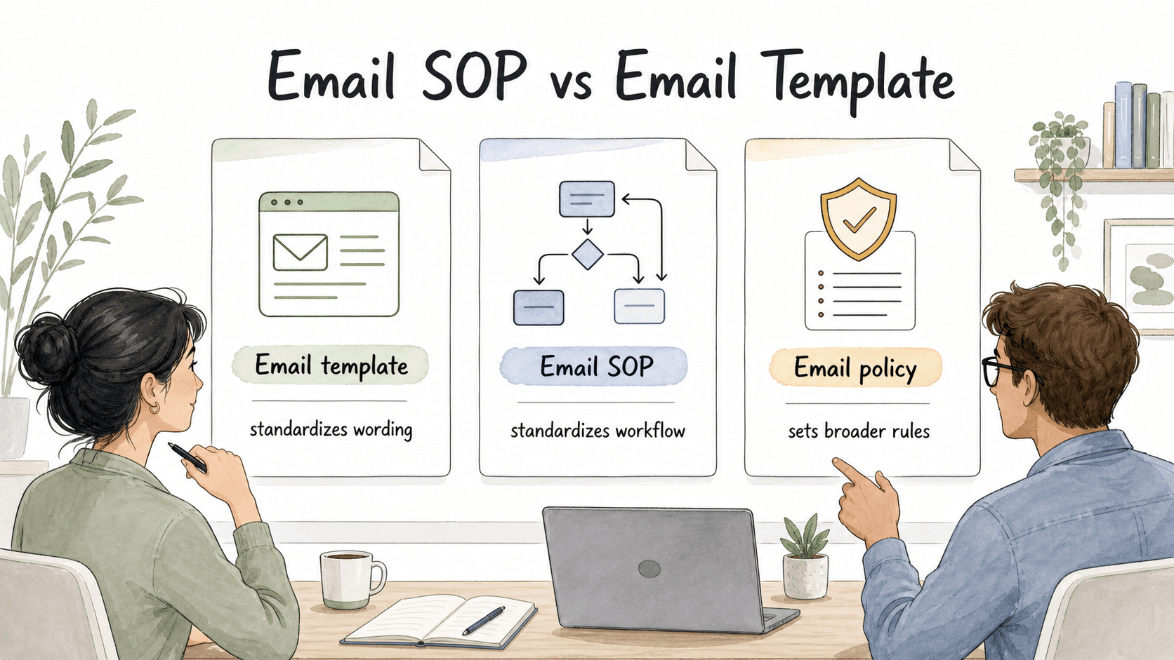 A template standardizes wording, an SOP standardizes the workflow, and a policy sets the broader rule.