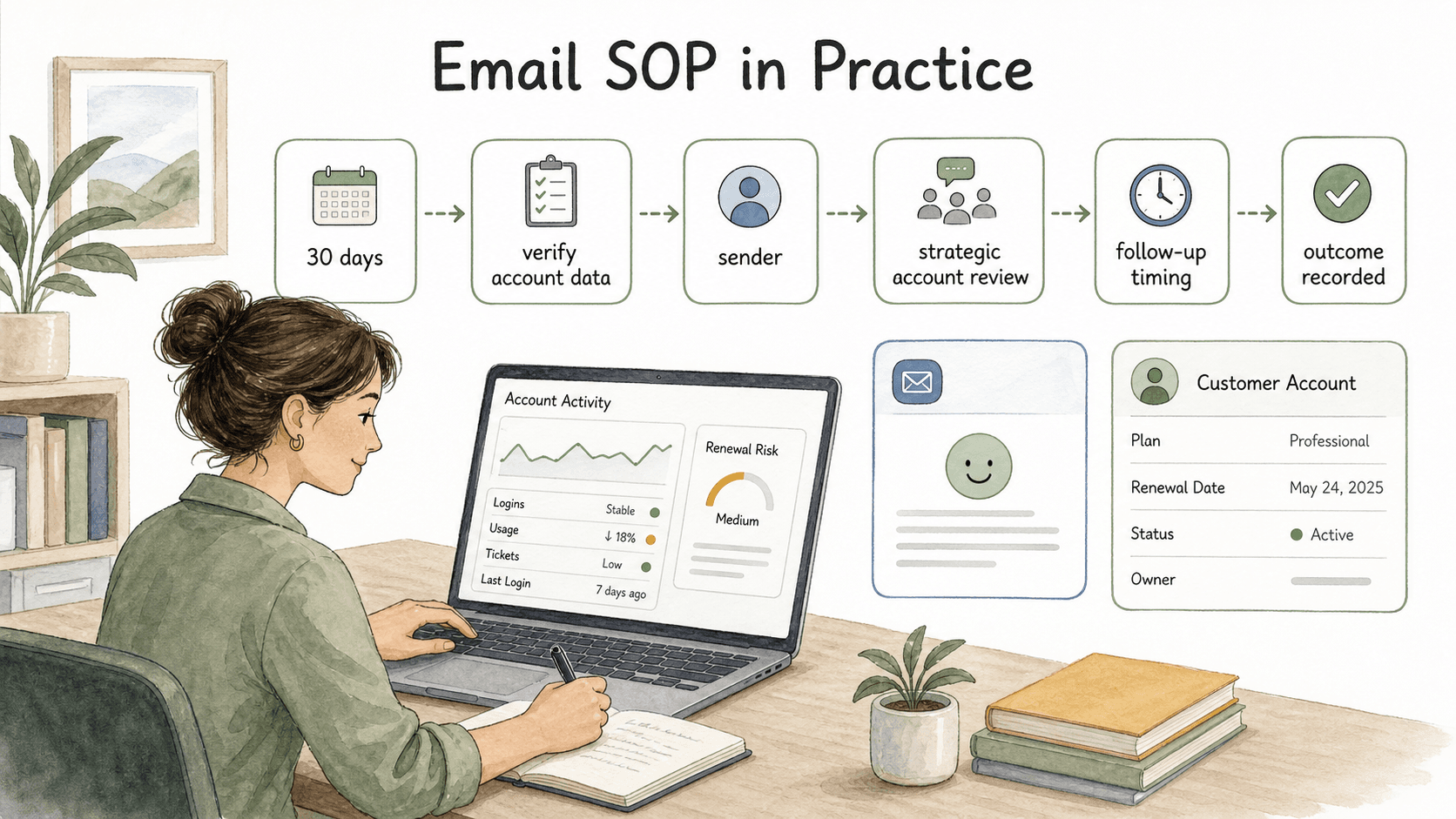 A renewal-risk email becomes reliable when account data, sender, review rules, follow-up timing, and outcomes are defined.
