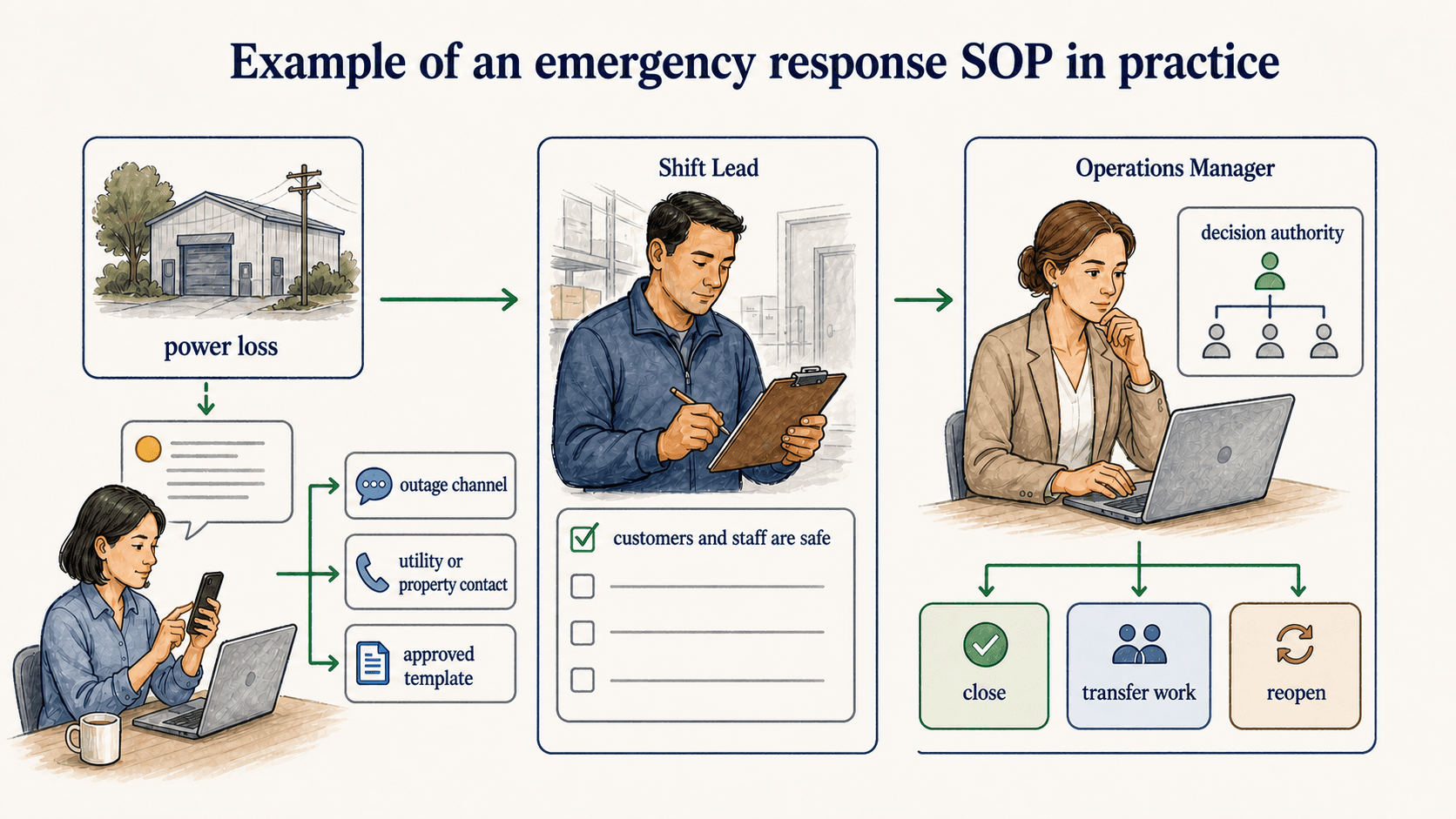 The power-loss example shows how clear first actions and decision authority keep the response moving.