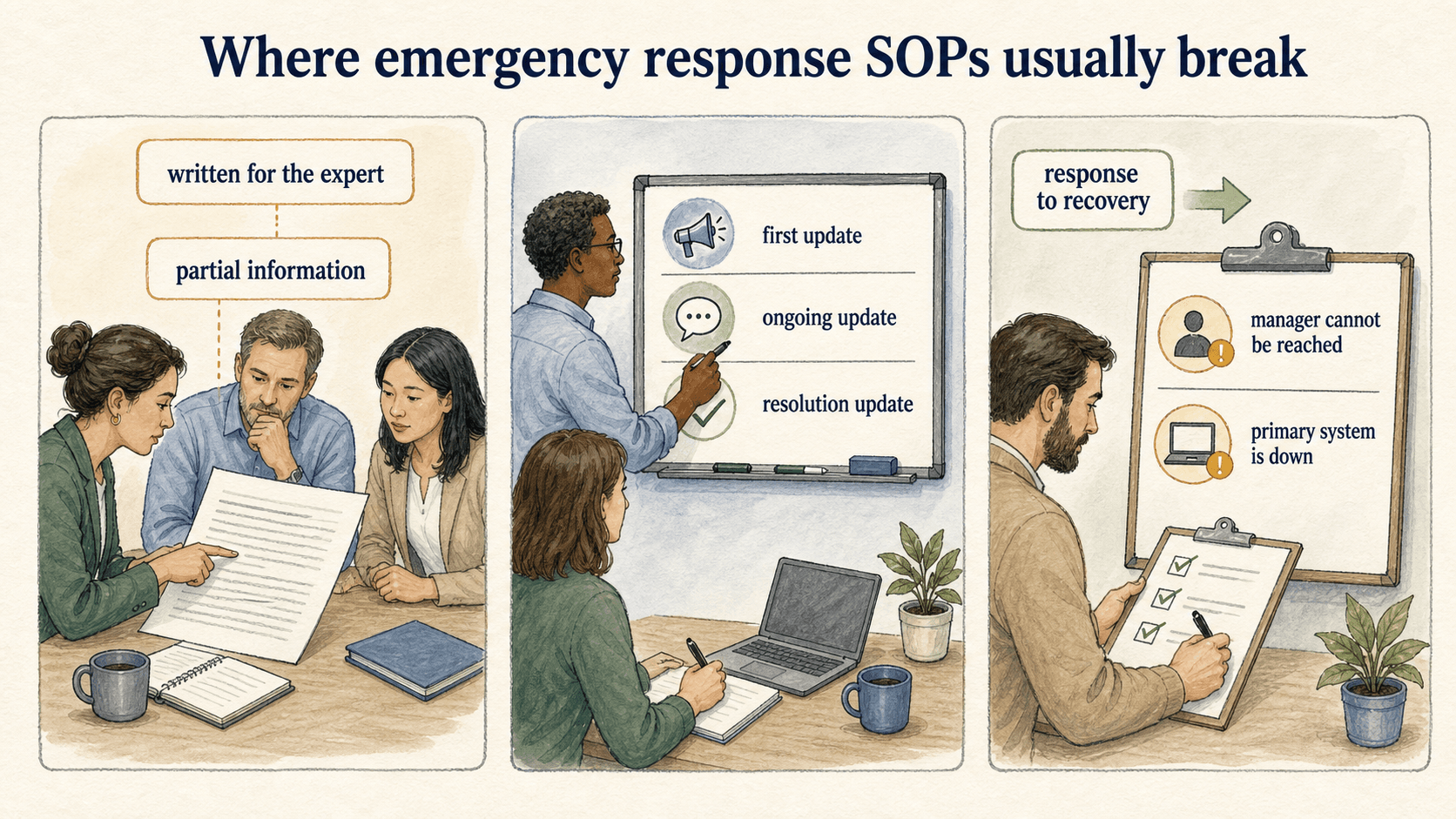 Emergency SOPs usually fail when they assume expert knowledge, vague communication, or no recovery handoff.