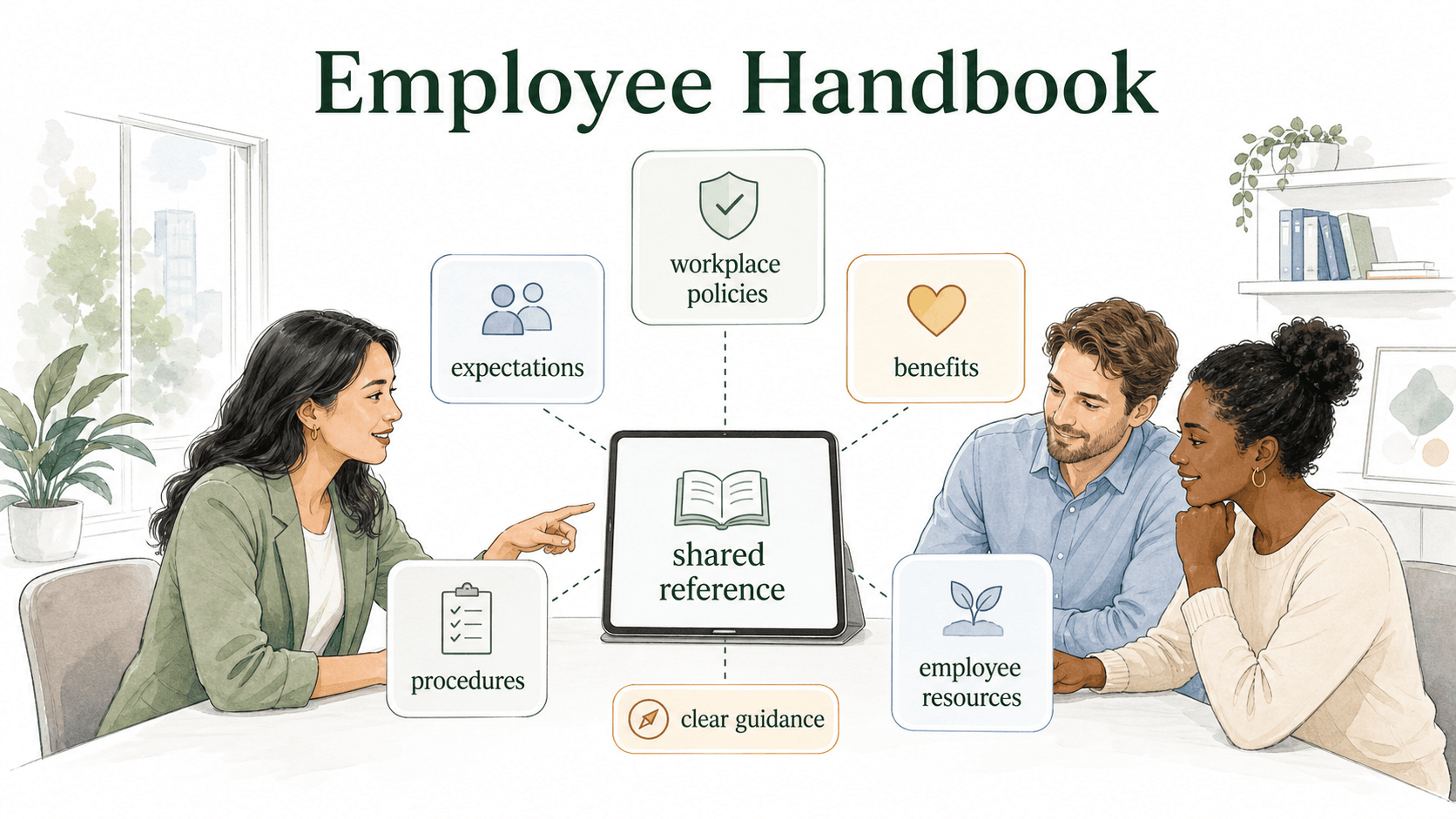 An employee handbook gives employees a shared reference for policies, expectations, benefits, procedures, and resources.