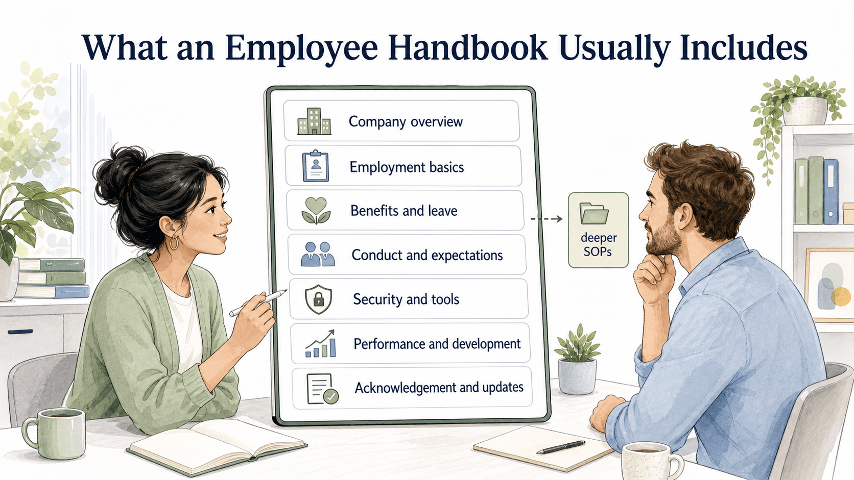 Strong handbooks organize company overview, employment basics, benefits, conduct, tools, performance, and updates without becoming a mega-document.
