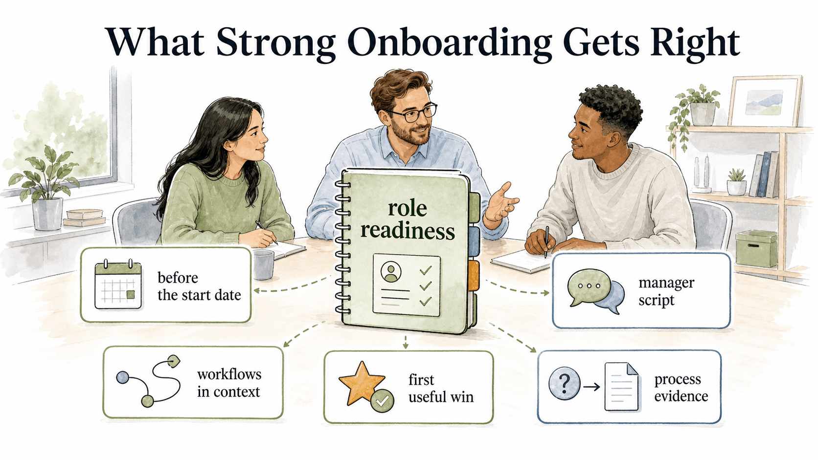 Strong onboarding starts before day one, gives managers a script, teaches workflows in context, and creates early useful wins.
