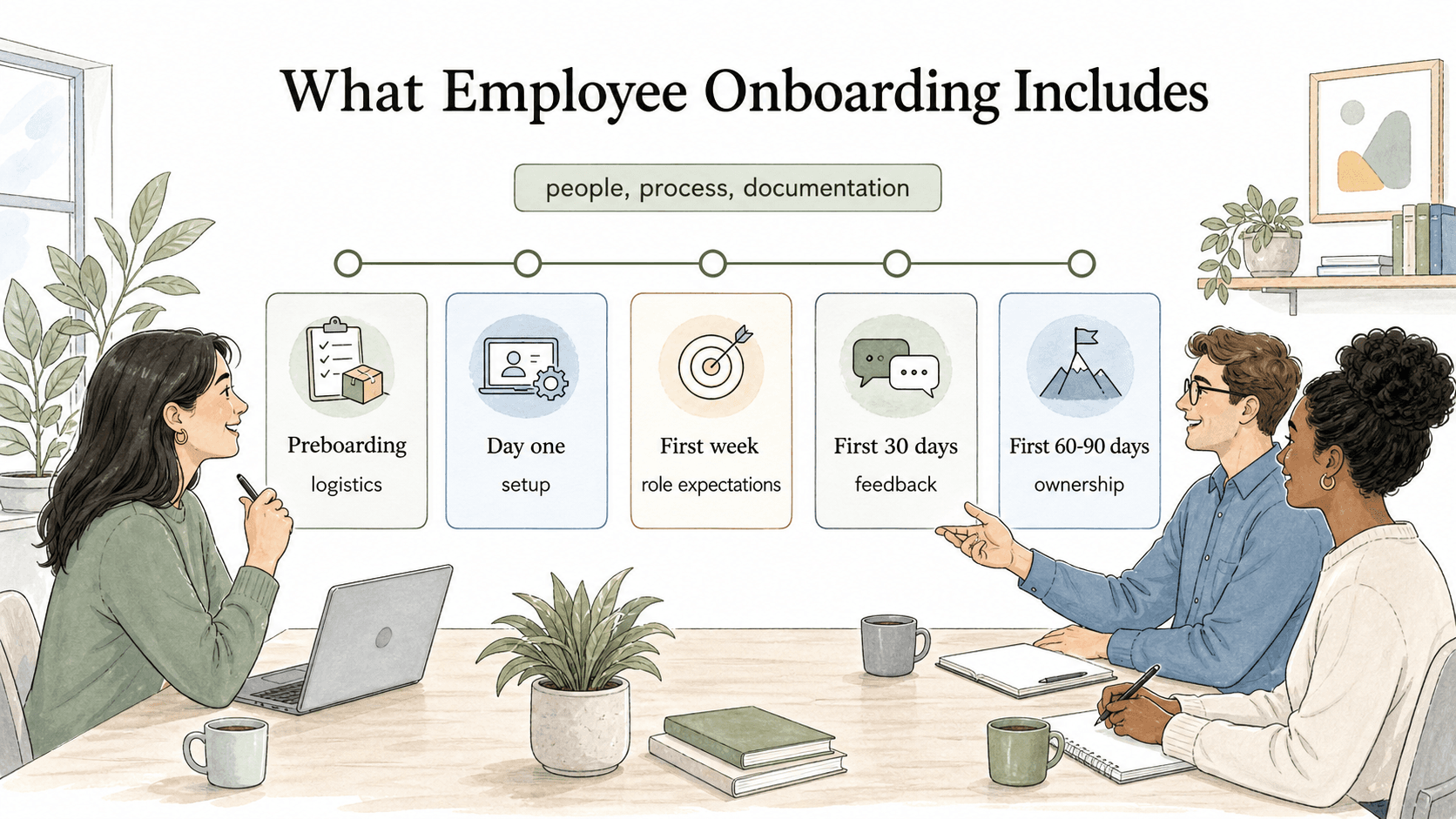 Employee onboarding moves through preboarding, day one, the first week, the first 30 days, and the first 60-90 days.