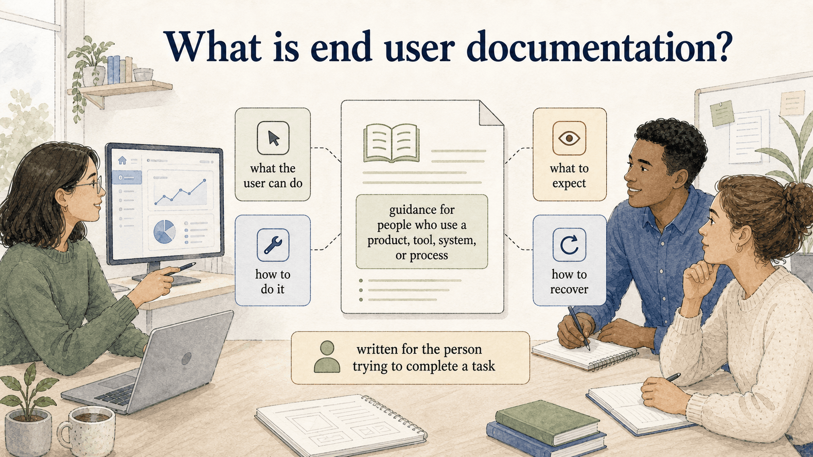 End user documentation explains what people can do, how to do it, what to expect, and how to recover.