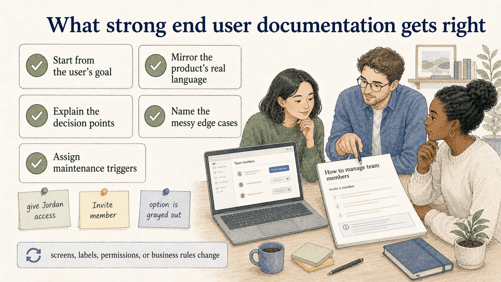 Strong end user documentation starts from the user's goal, mirrors real product language, explains decisions, names edge cases, and has maintenance triggers.