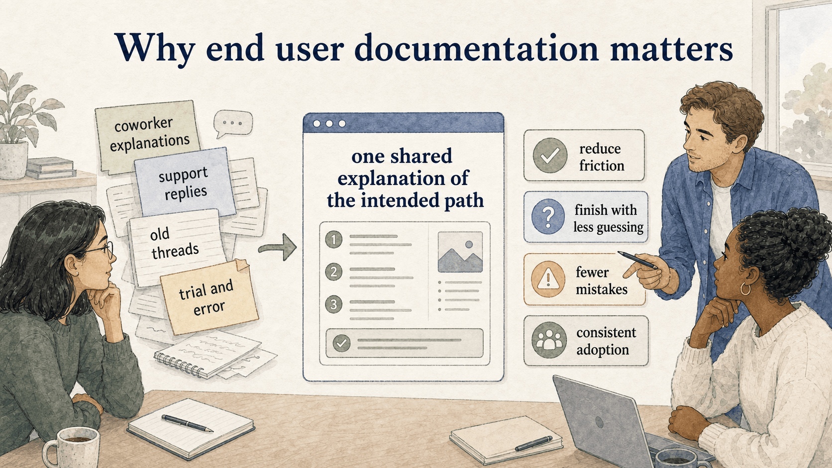 Good end user documentation reduces guessing, prevents mistakes, and gives users one consistent path.