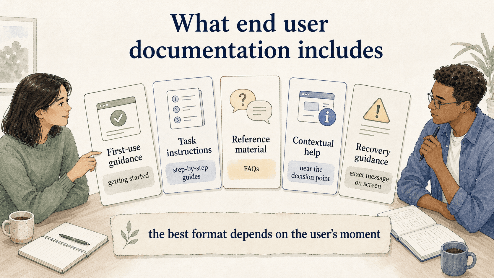 End user documentation formats include first-use guidance, task instructions, reference material, contextual help, and recovery guidance.