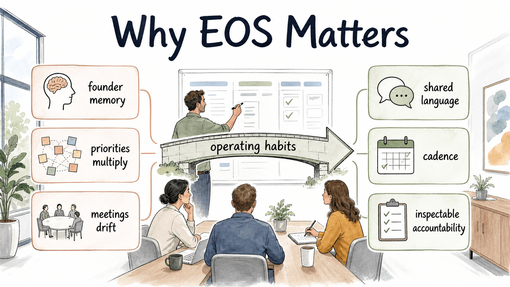 EOS helps growing companies move beyond founder memory into shared language, cadence, and inspectable accountability.
