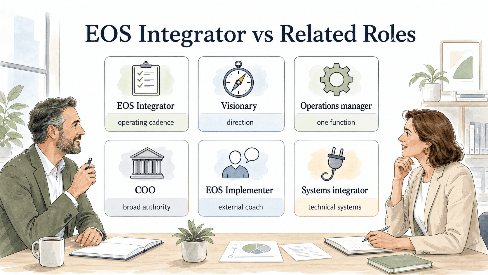 The EOS Integrator role is distinct from a Visionary, COO, operations manager, EOS Implementer, or systems integrator.
