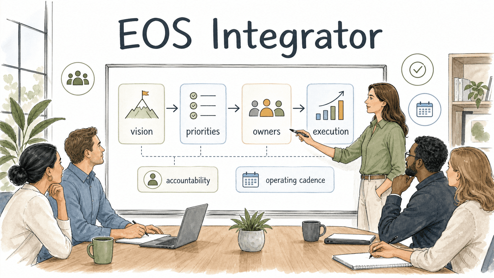 An EOS Integrator turns vision into priorities, owners, execution, accountability, and operating cadence.