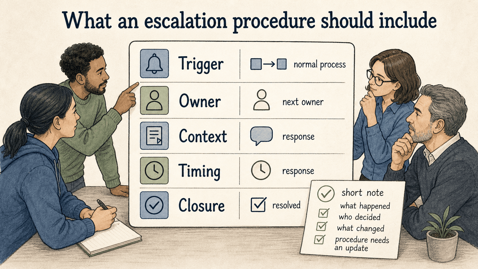 A useful escalation procedure answers trigger, owner, context, timing, and closure so the next owner can act quickly.