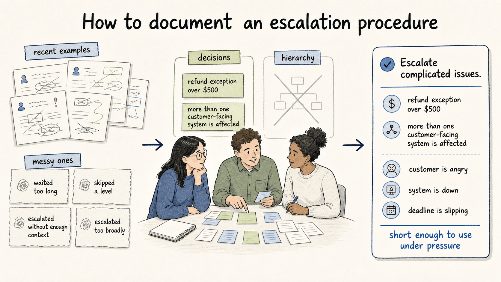 Start with messy recent examples, identify real decision points, then write short guidance people can use under pressure.