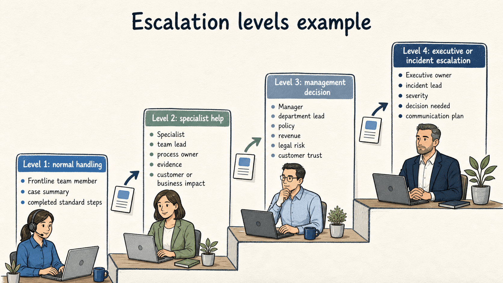 Escalation levels show when work stays with normal handling, moves to specialist help, needs management, or becomes an incident escalation.