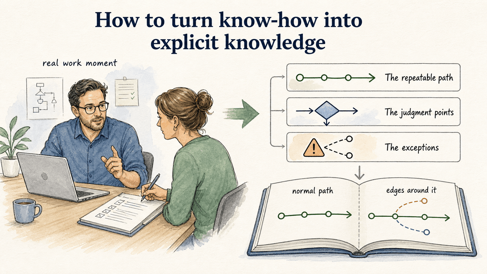 Strong documentation captures the normal path, the judgment points, and the exceptions around it.