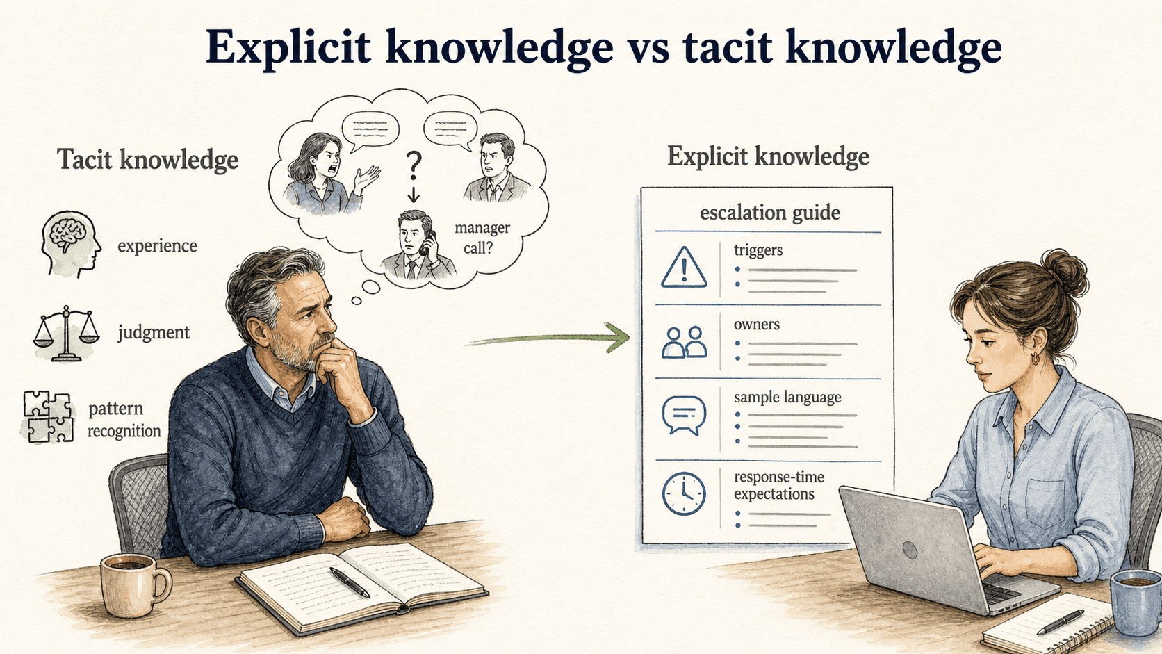 Tacit judgment becomes explicit knowledge when the teachable parts are named, stored, and reused.