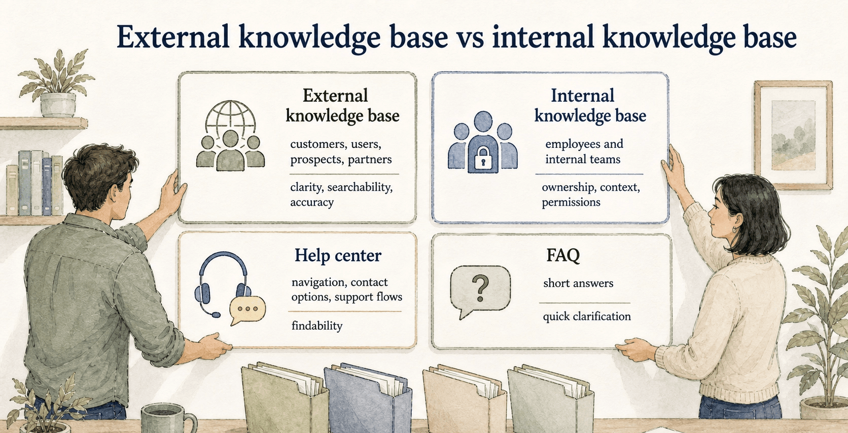 External knowledge bases serve users outside the company, while internal knowledge bases support employees.