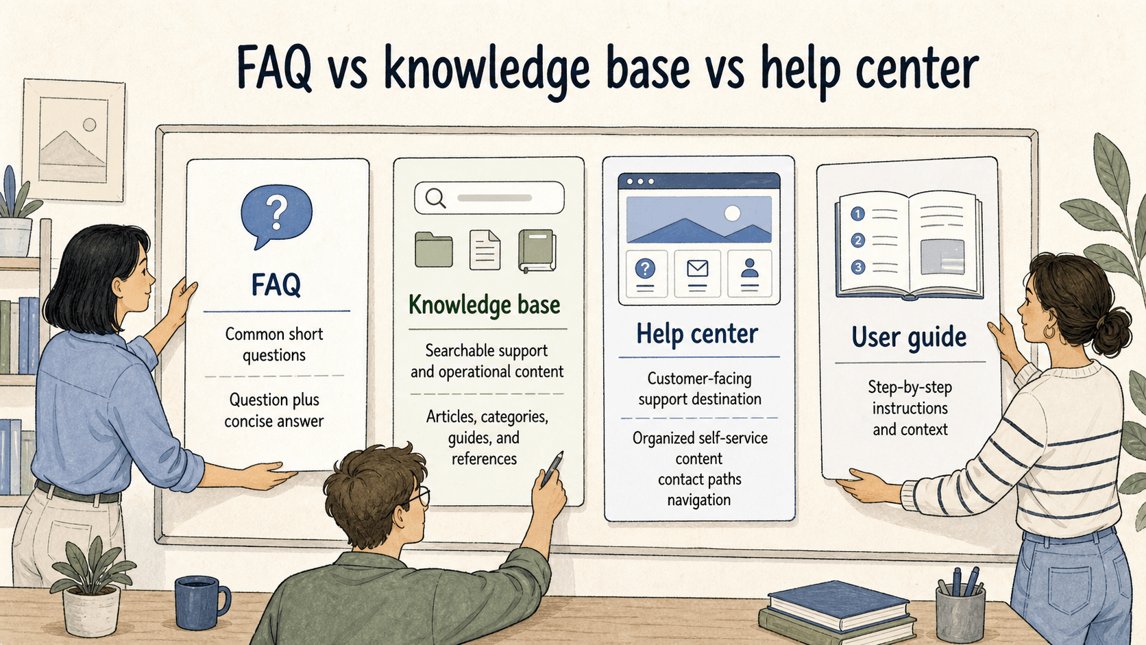 An FAQ handles common short questions, while a knowledge base, help center, or user guide supports broader or deeper content.