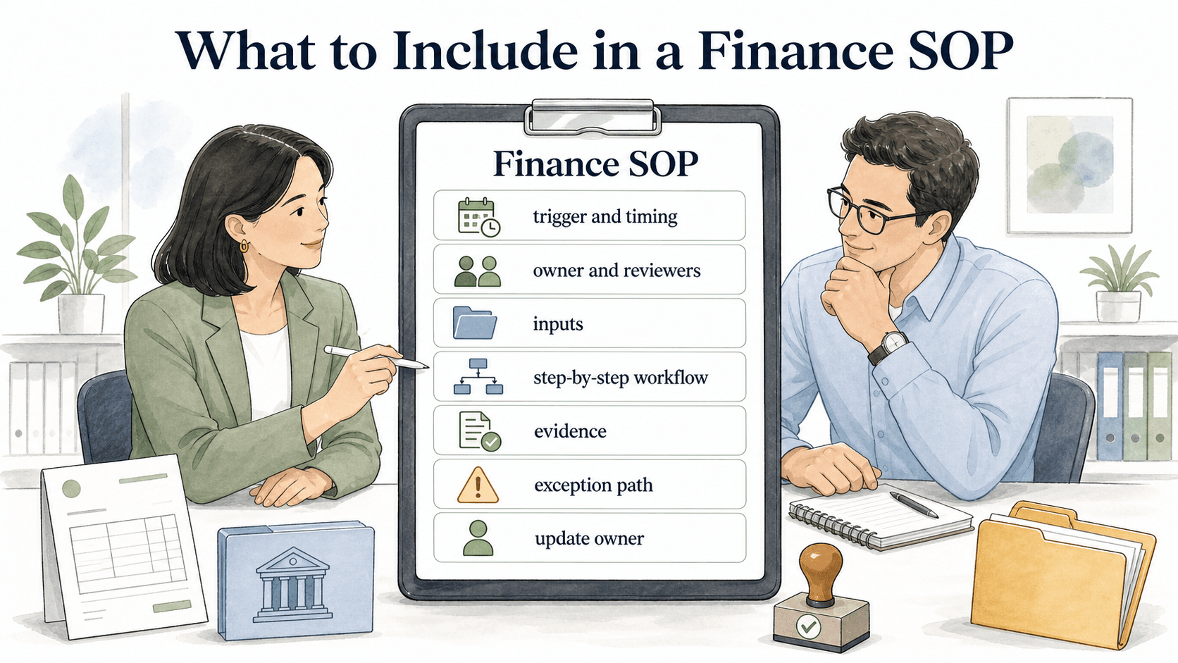 Strong finance SOPs define timing, owners, inputs, workflow steps, evidence, exceptions, and update ownership.