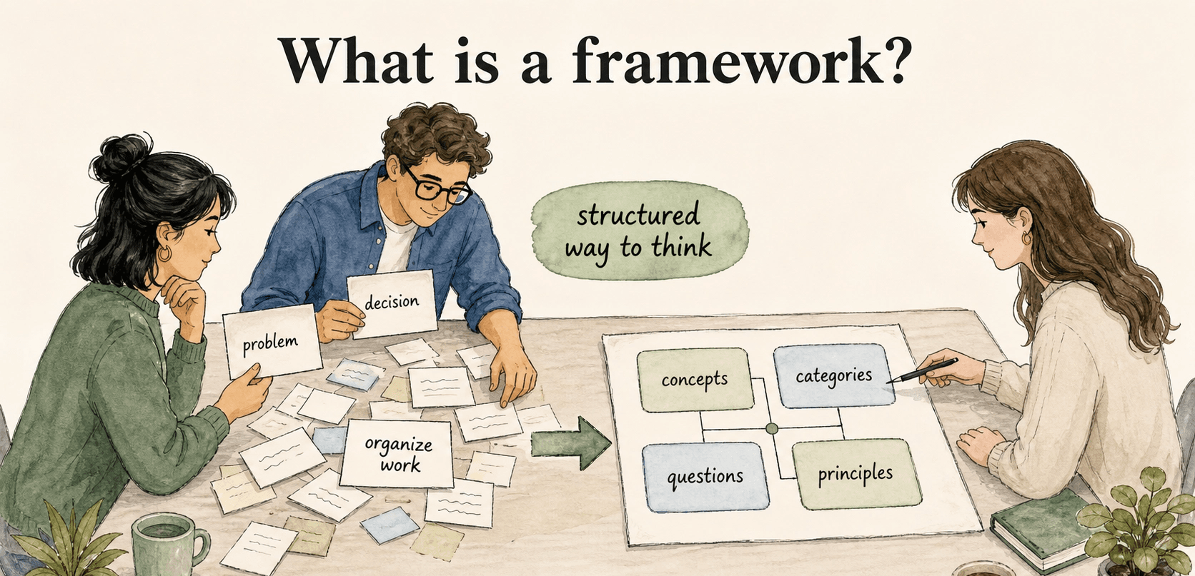 A framework gives teams shared concepts, categories, questions, or principles for thinking and deciding.