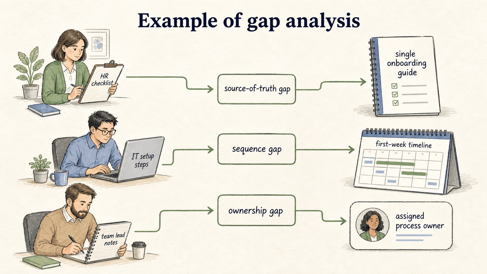 The onboarding example shows why one generic document cannot close every gap.