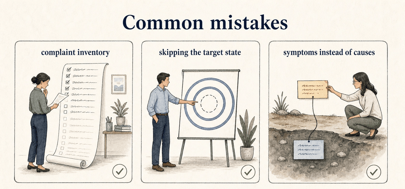 Good gap analysis separates complaints, missing targets, and symptoms before choosing a fix.