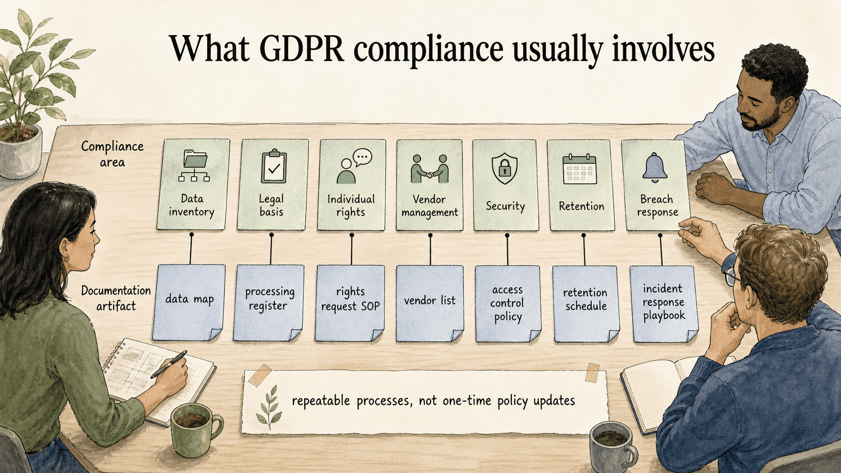 Compliance areas need practical artifacts such as data maps, rights request SOPs, retention schedules, and incident-response playbooks.
