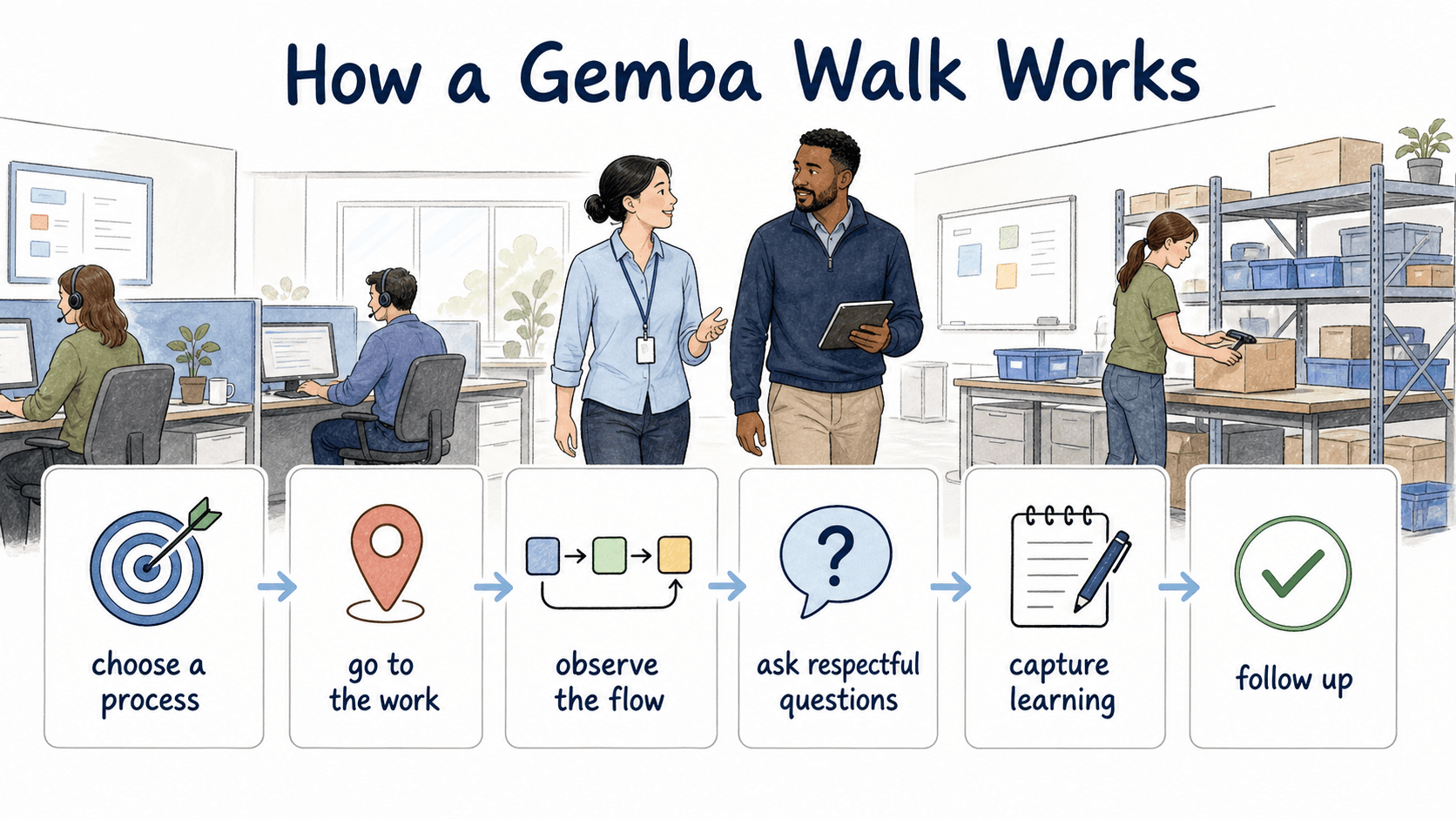 A strong gemba walk starts with a focused process, observes the flow, asks respectful questions, captures learning, and follows up.