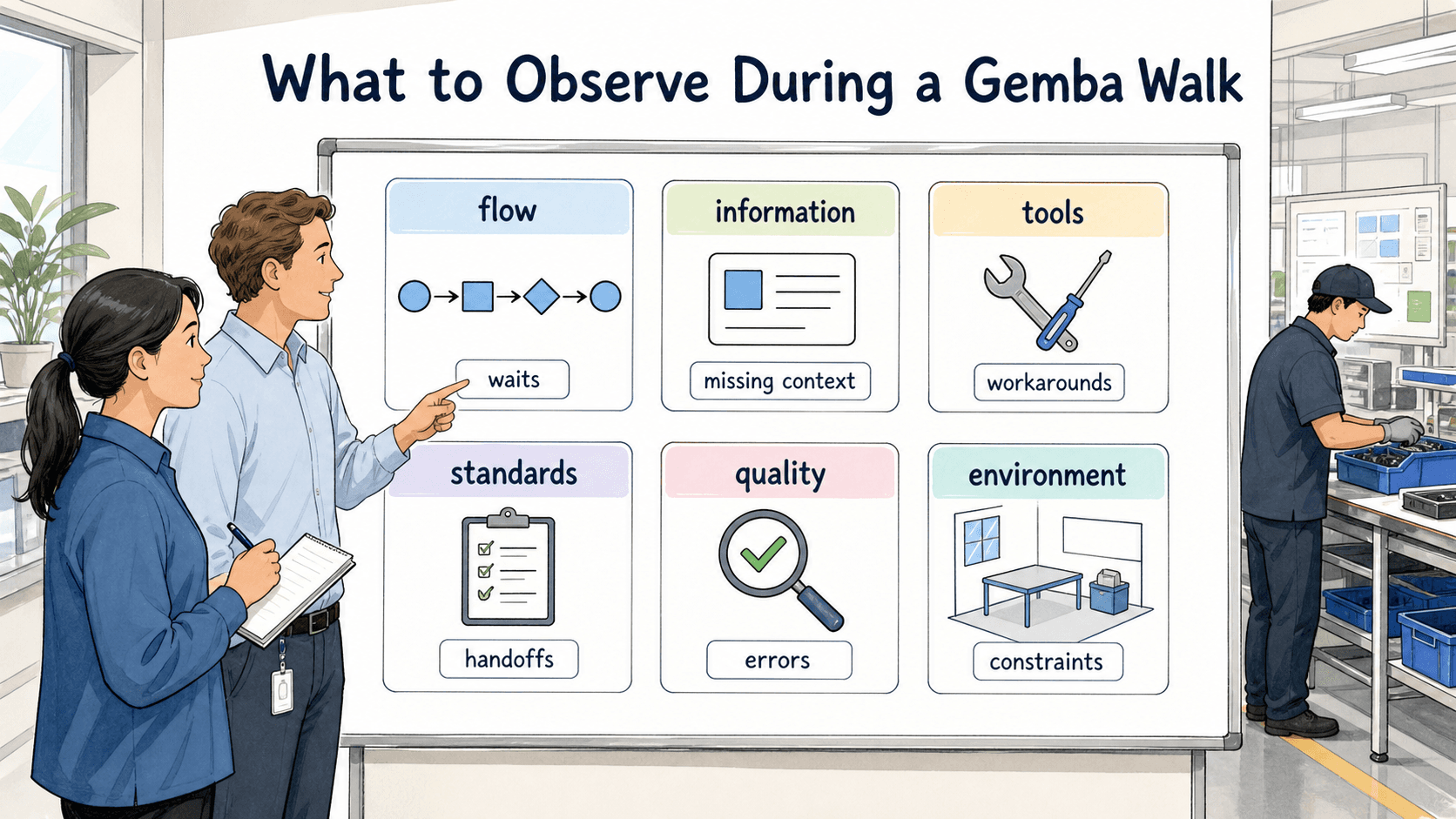 Gemba walks look at flow, information, tools, standards, quality, and environment to reveal practical barriers and documentation gaps.